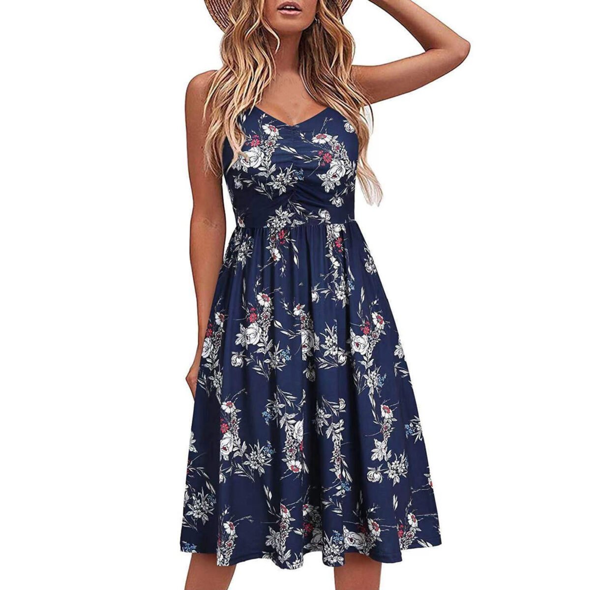 The Resort Edit — Floral Midi Dress Navy V-Neck A-Line Summer Sundress