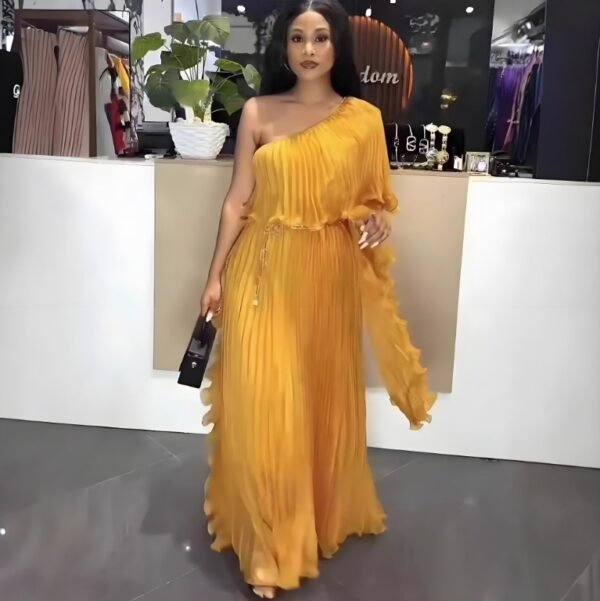 The Resort Edit — One Shoulder Dress Elegant Pleated Mustard Evening Gown