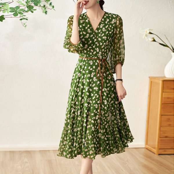 The Resort Edit — V Neck Floral Dress | French Style Green Midi Wrap Dress