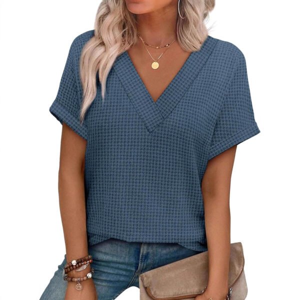 Summer Collection — V Neck T Shirt Women Striped Short Sleeve Textured Knit