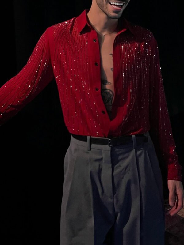 Men's Edit — Sequin Shirt For Men Red Shiny Party Wear Long Sleeve