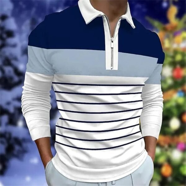 Men's Edit — Men's Long Sleeve Polo Striped Zipper Color Block Top