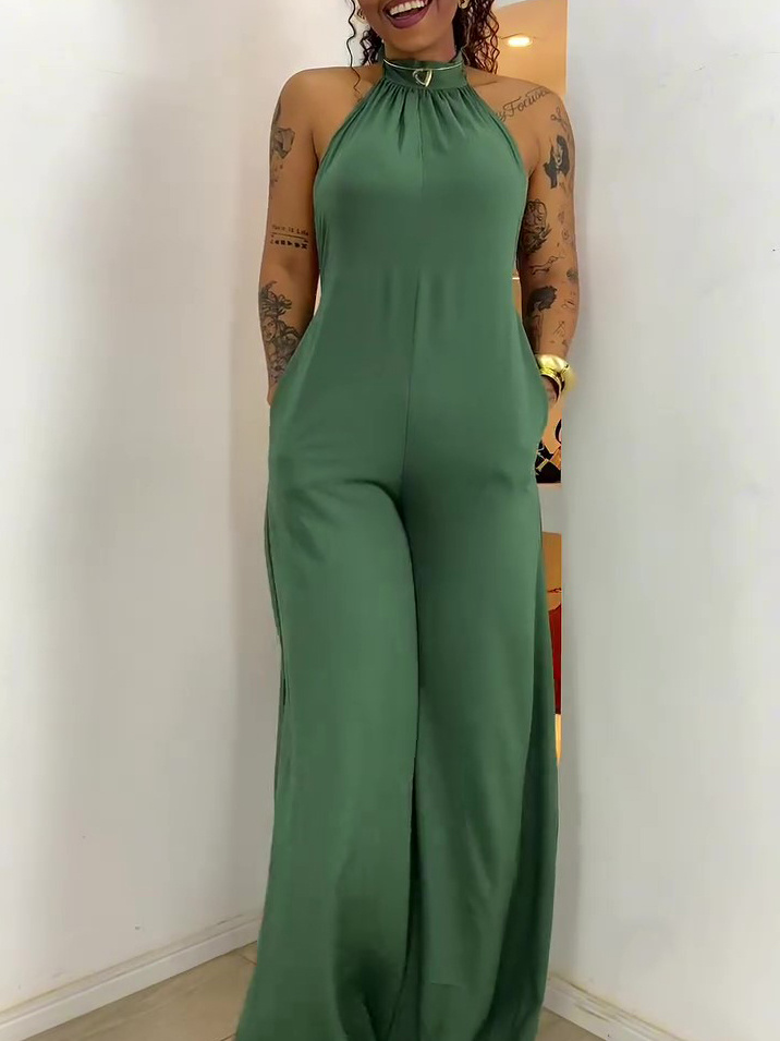 Halter Neck Jumpsuit Backless Green Wide Leg Sexy Romper 3 Halter Neck Jumpsuit Backless Green Wide Leg Sexy Romper - Image 3
