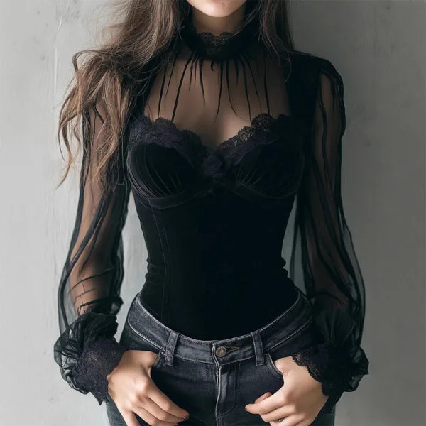Blouse Lantern Sleeve Stand Collar Elegant Office Top