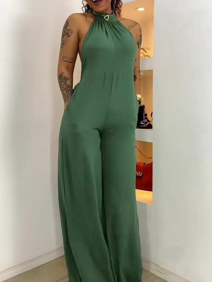 Halter Neck Jumpsuit Backless Green Wide Leg Sexy Romper 5 Halter Neck Jumpsuit Backless Green Wide Leg Sexy Romper - Image 5