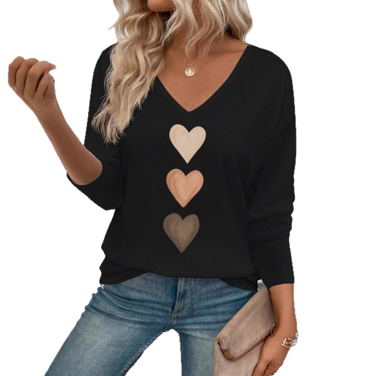 Summer Collection — V-Neck Top Black Heart Print Long Sleeve Blouse