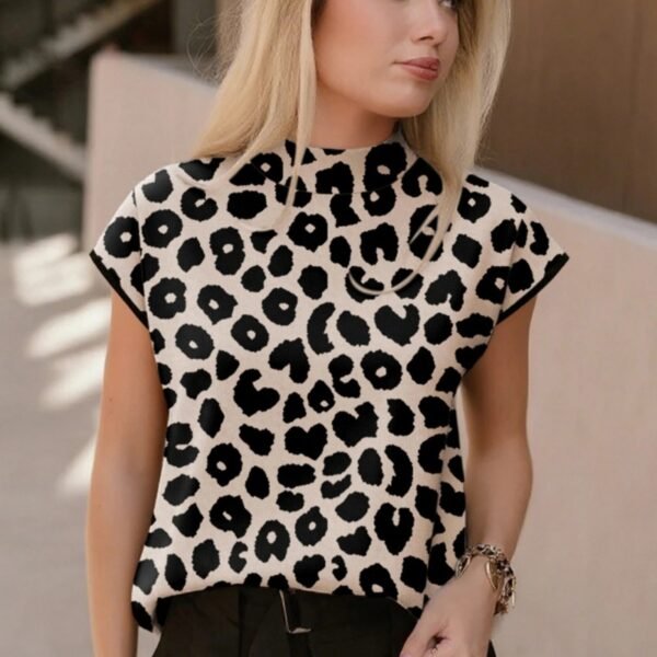 Men's Edit — Short Sleeve Sweater Women Leopard Mock Neck Knit Top