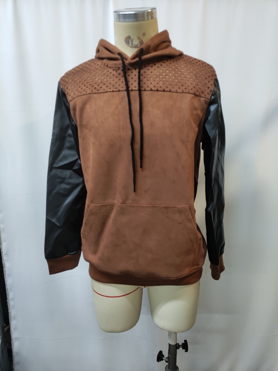 Leather Hoodie Men's Retro Brown Perforated Casual Top 4 Leather Hoodie Men's Retro Brown Perforated Casual Top - Image 4
