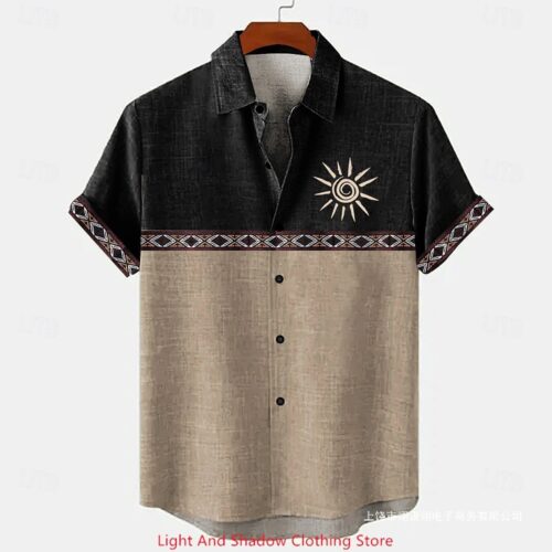 Short-sleeve Patterned Shirt With Printed Buttons And Short-sleeve Patchwork
