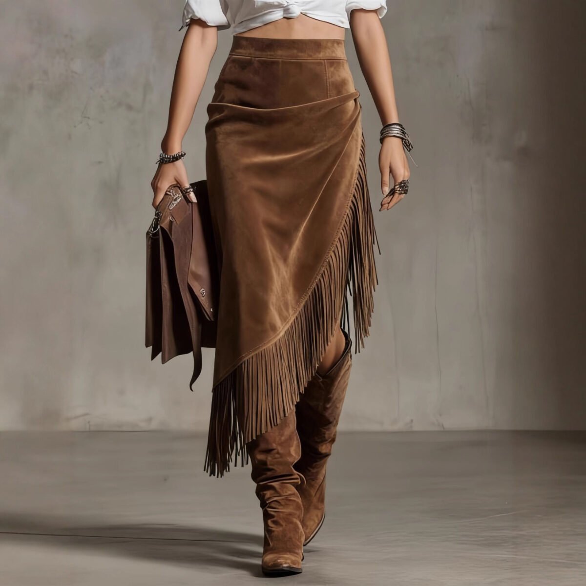 Summer Collection — Suede Fringe Skirt Western Retro Brown Midi Skirt