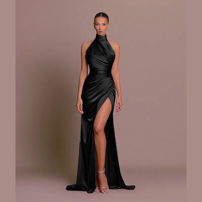 satin halter gown women — Halter Neck Satin Gown - Elegant Sleeveless Slit Slim Dress | Regal Wear