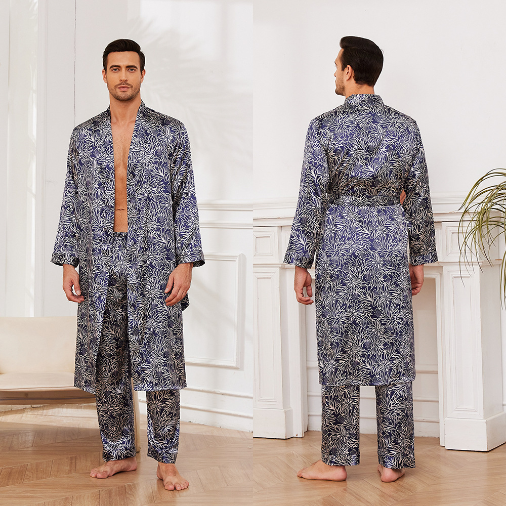 Men's Silk Pajamas Set Luxury Blue Floral Sleepwear 4 Men's Silk Pajamas Set Luxury Blue Floral Sleepwear - Image 4