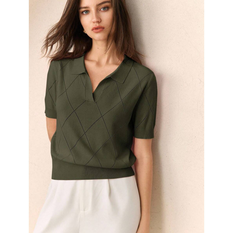 Women's Polo Shirt Diamond Knit Short Sleeve Pullover Top 2 Women's Polo Shirt Diamond Knit Short Sleeve Pullover Top - Image 2