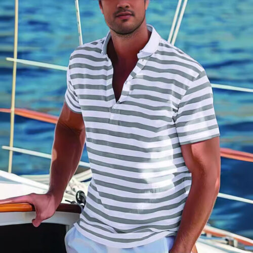 Men's Short-sleeve Polo Shirt Striped Casual Top