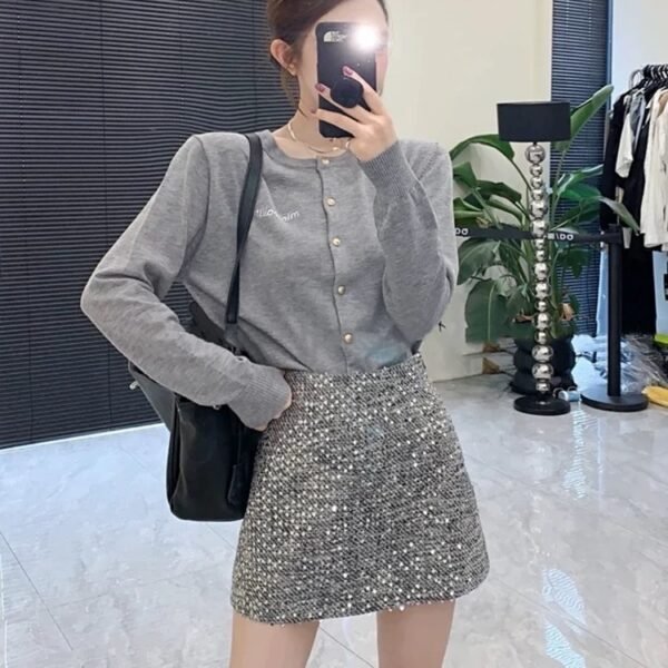Summer Collection — Beaded Mini Skirt Elegant Grey High Waisted Tweed