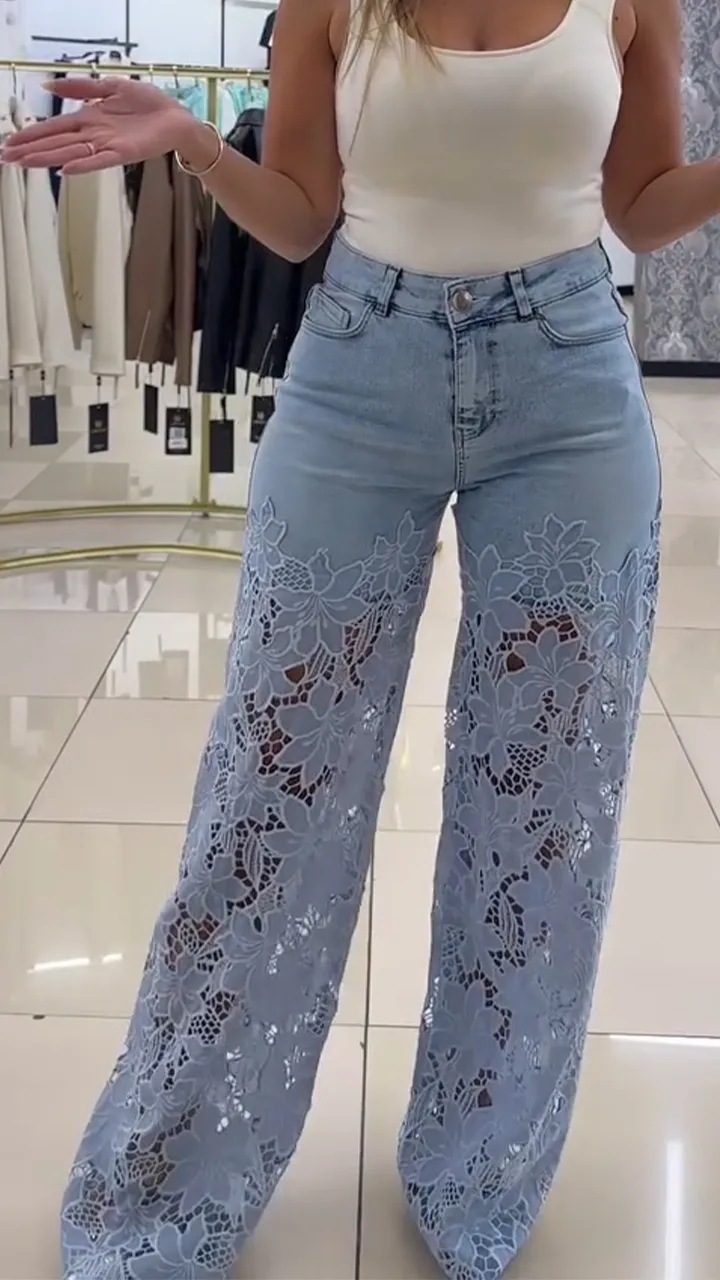 Patchwork Denim High Waisted Lace Wide Leg Jeans 2 Patchwork Denim High Waisted Lace Wide Leg Jeans - Image 2