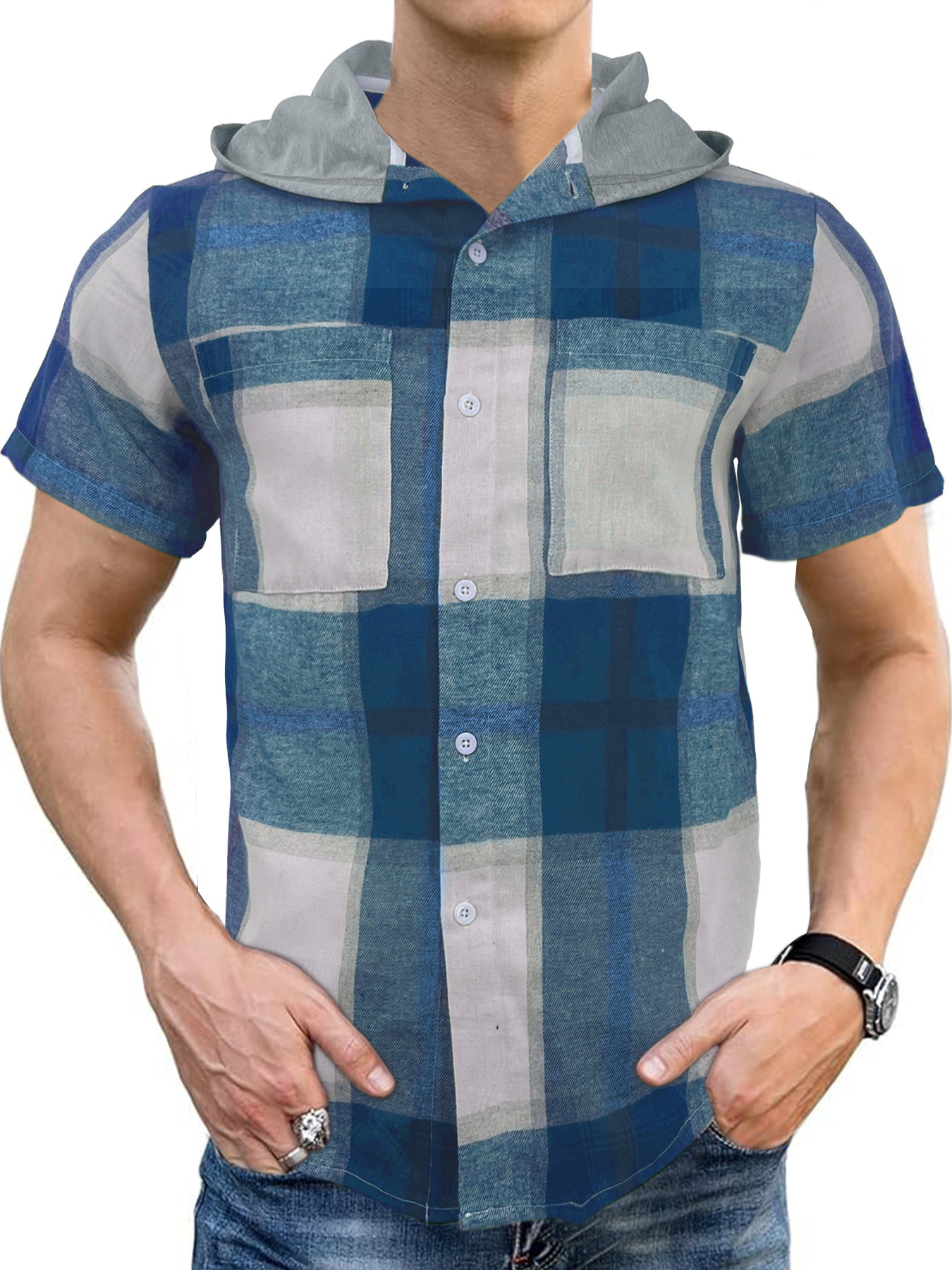 Hooded Plaid Shirt Men's Short Sleeve Casual Business Top 7 Hooded Plaid Shirt Men's Short Sleeve Casual Business Top - Image 7