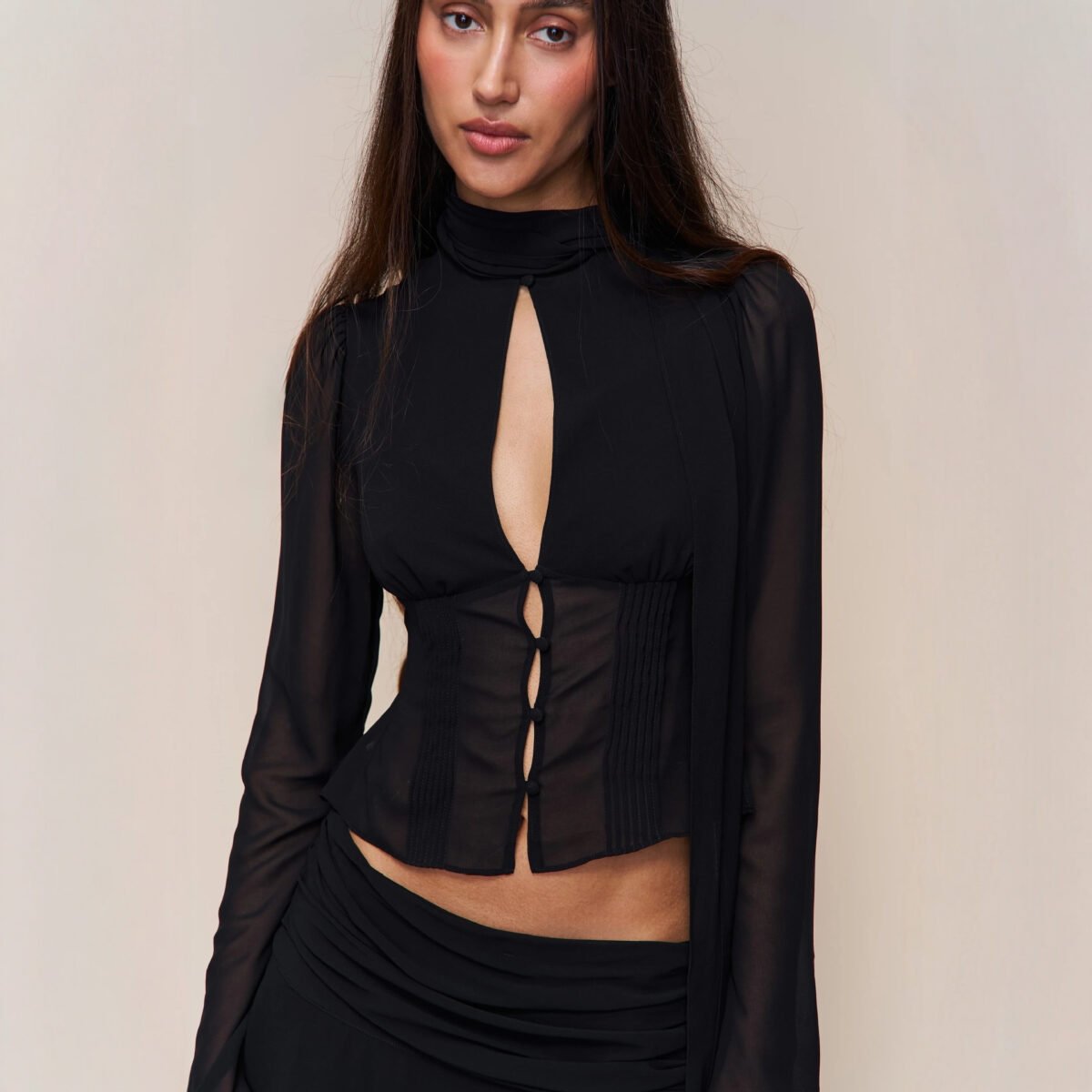 Summer Collection — Blouse With Hollow-out Buttons And A Ribbon Tie At The Waist