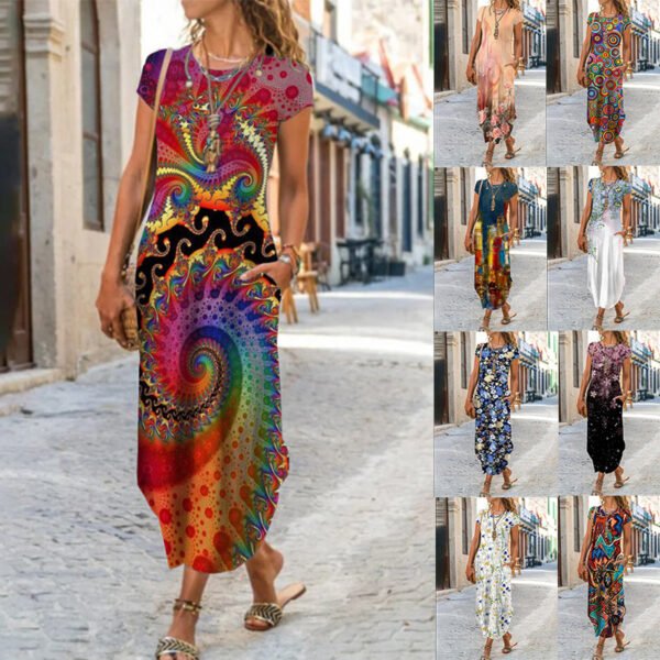 The Resort Edit — Floral Maxi Dress Boho Short Sleeve Pocket Long Gown