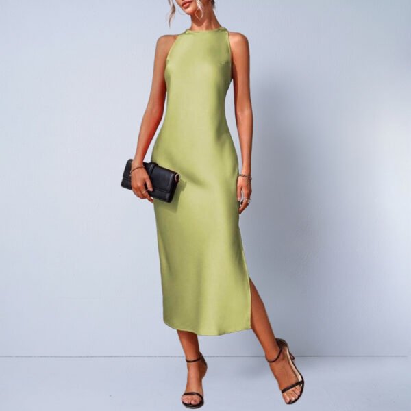 The Resort Edit — Satin Midi Dress Green Women Sleeveless Halter Backless