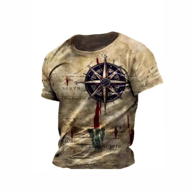 Men's Vintage Nautical Map Compass Printed T-shirt 5 Men's Vintage Nautical Map Compass Printed T-shirt - Image 5