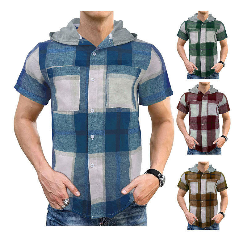 Hooded Plaid Shirt Men's Short Sleeve Casual Business Top 1 Hooded Plaid Shirt
