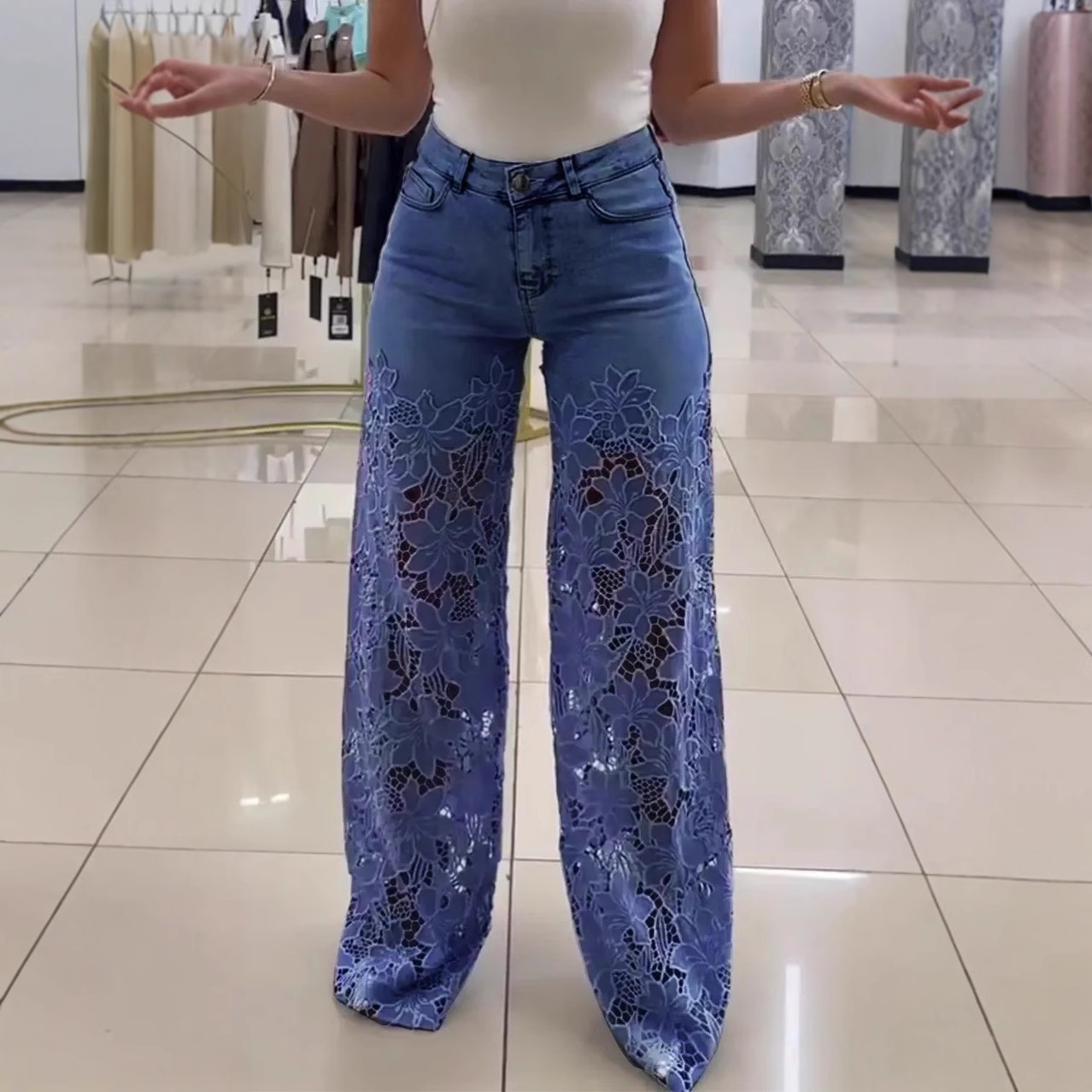 Patchwork Denim High Waisted Lace Wide Leg Jeans 8 Patchwork Denim High Waisted Lace Wide Leg Jeans - Image 8