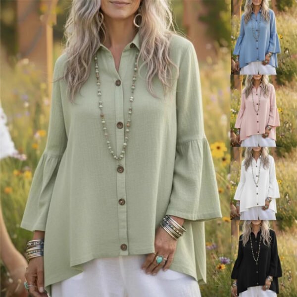 Men's Edit — Women's Loose Solid-color Cotton-Linen Flare-sleeve Shirt
