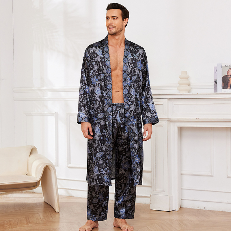 Men's Silk Pajamas Set Luxury Blue Floral Sleepwear 1 Men's Silk Pajamas Set