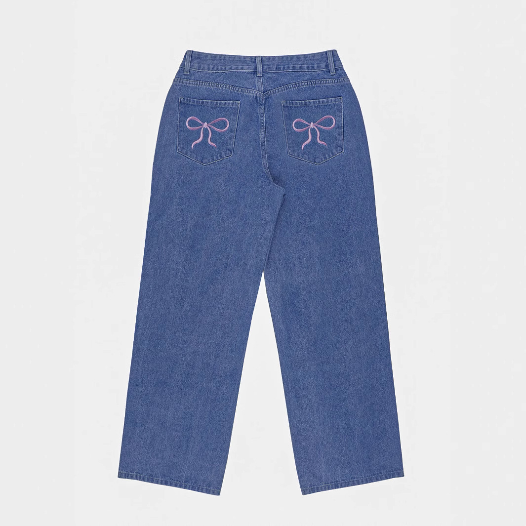 Bow Embroidered Jeans Wide Leg Coquette Aesthetic Denim 2 Bow Embroidered Jeans Wide Leg Coquette Aesthetic Denim - Image 2