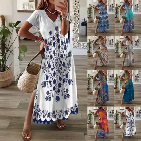 The Resort Edit — V-Neck Boho Maxi Dress Printed Summer Gown