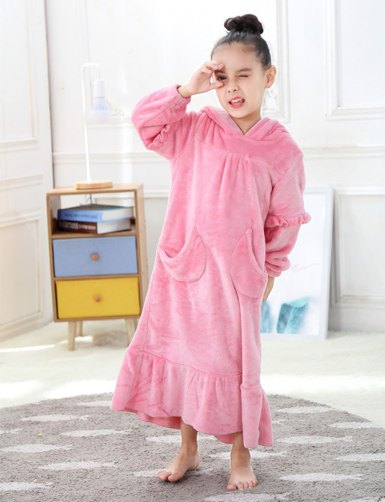 Warm Coral Fleece Double Sided Girls Long Moon Pocket Hooded Nightdress 3 Warm Coral Fleece Double Sided Girls Long Moon Pocket Hooded Nightdress - Image 3