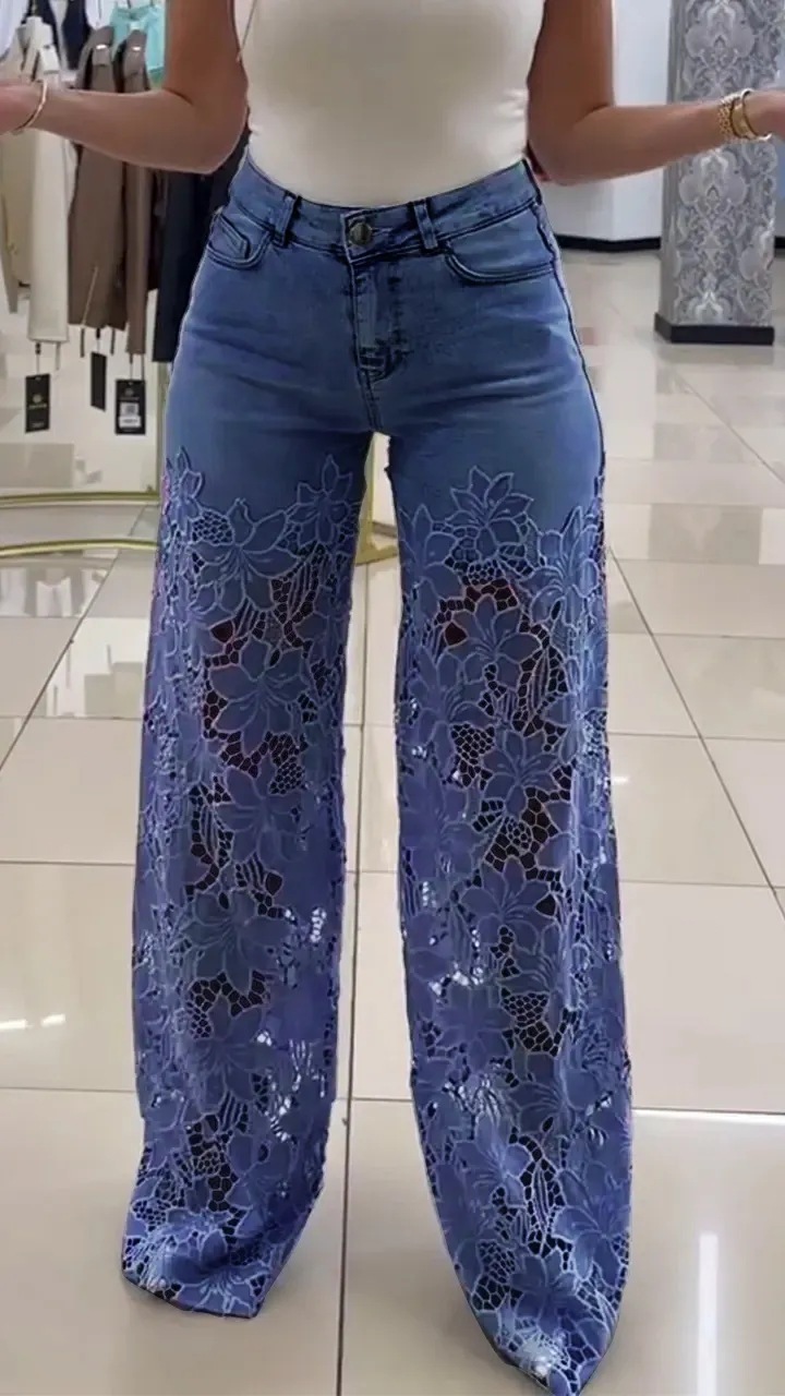 Patchwork Denim High Waisted Lace Wide Leg Jeans 6 Patchwork Denim High Waisted Lace Wide Leg Jeans - Image 6
