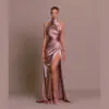 Halter Neck Satin Gown - Elegant Sleeveless Slit Slim Dress - view 1