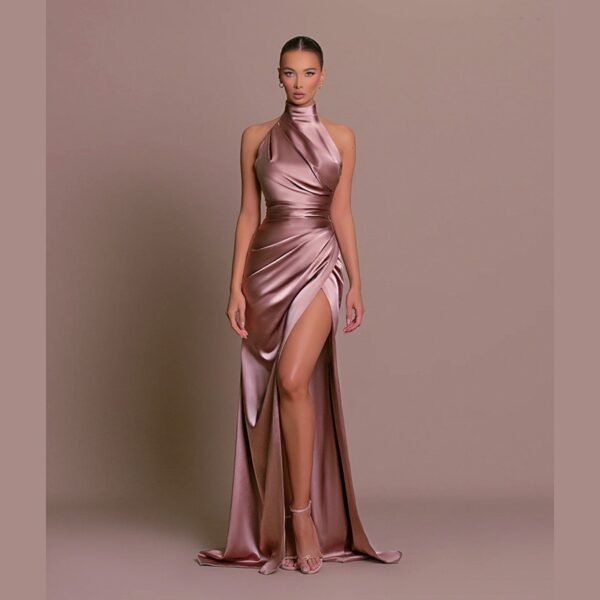 The Resort Edit — Halter Neck Satin Gown - Elegant Sleeveless Slit Slim Dress