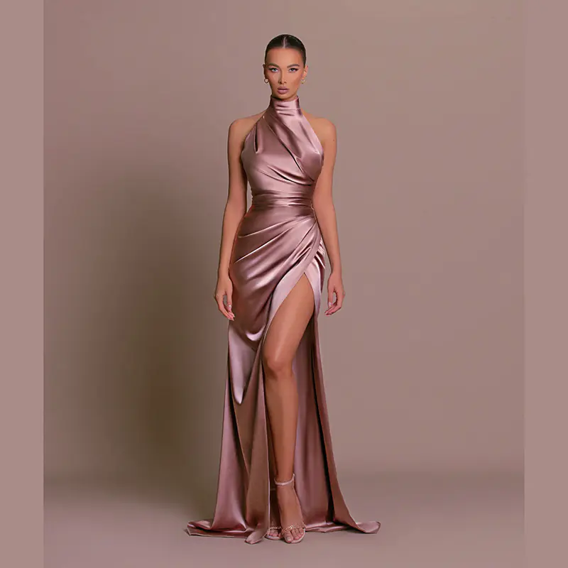 The Winter Edit — Halter Neck Satin Gown - Elegant Sleeveless Slit Slim Dress