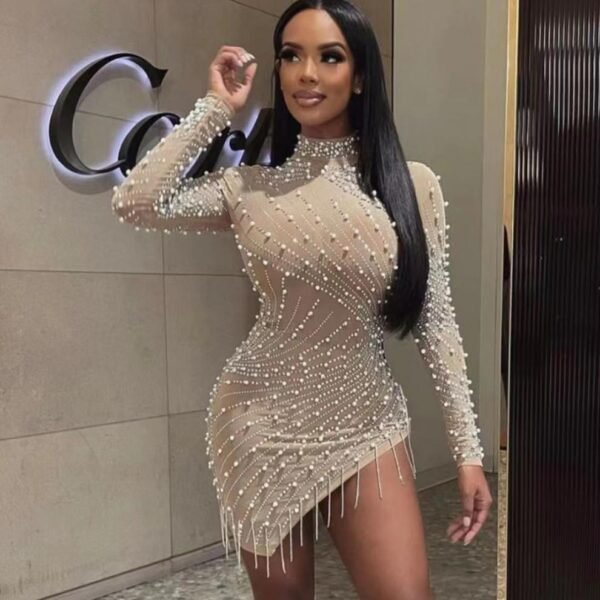 The Resort Edit — Cocktail Wear Pearl Rhinestone Tassel Embellished Mini Gown