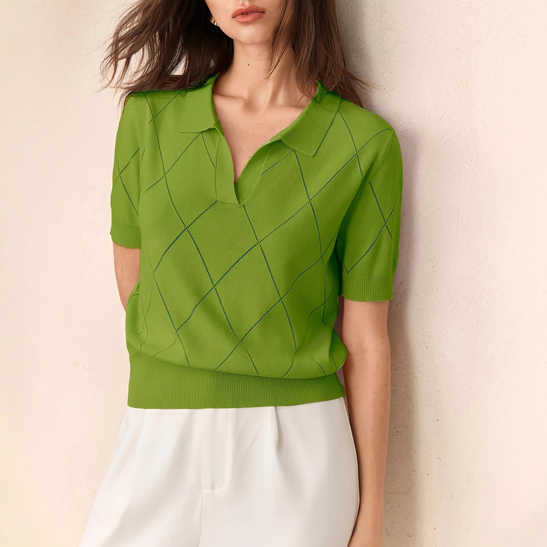 Women's Polo Shirt Diamond Knit Short Sleeve Pullover Top 4 Women's Polo Shirt Diamond Knit Short Sleeve Pullover Top - Image 4