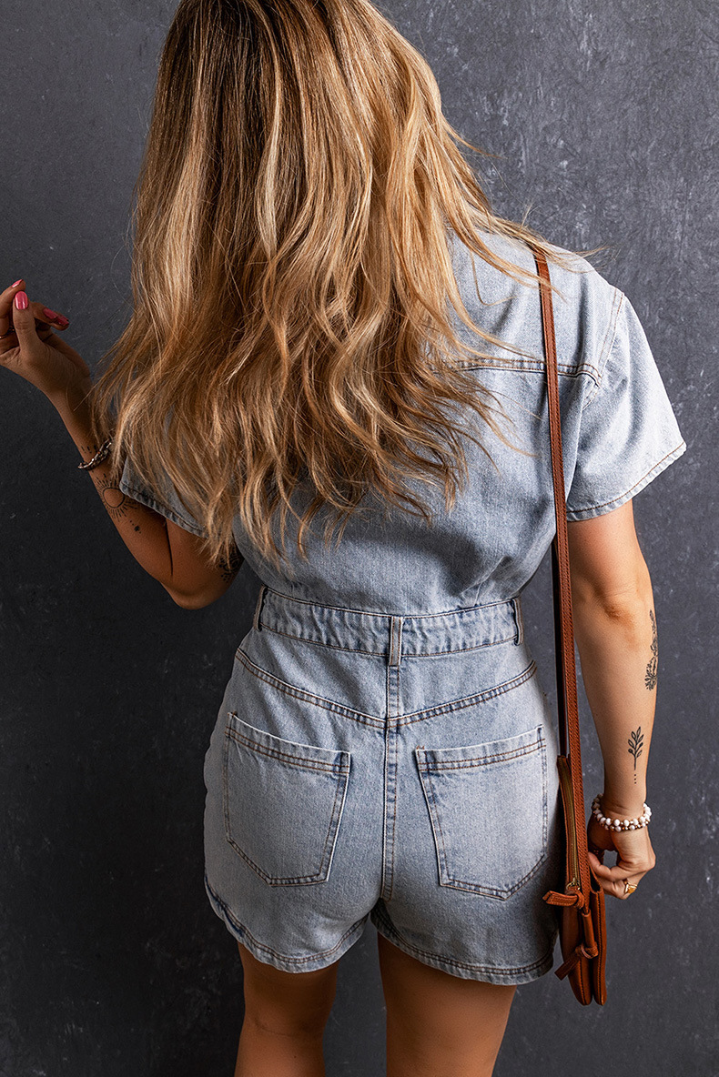 Denim Romper Vintage Blue Short Sleeve Button-Up Playsuit 10 Denim Romper Vintage Blue Short Sleeve Button-Up Playsuit - Image 10