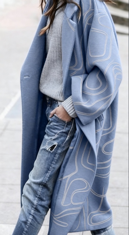 Blue Patterned Wool Coat Women's Abstract Longline Overcoat 1 Blue Patterned Wool Coat