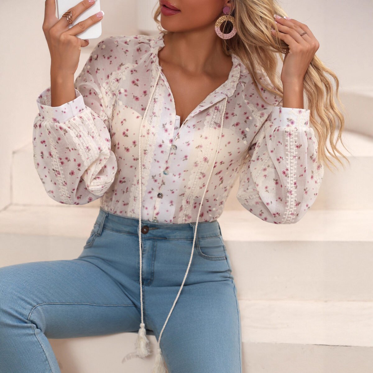 Summer Collection — V-Neck Floral Embroidery Drawstring Boho Cotton Top