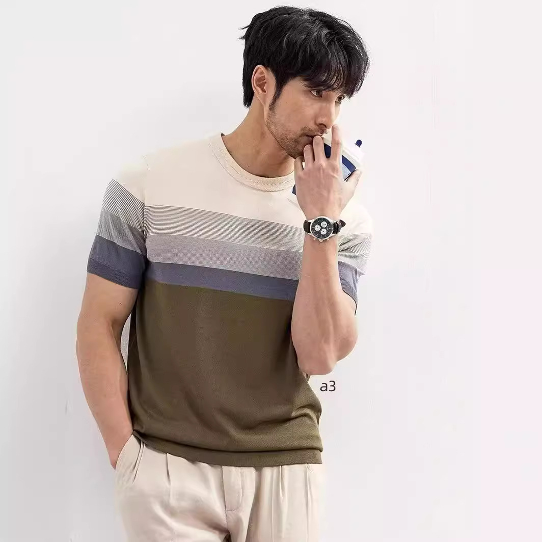 Summer New Light Mature Short Sleeve Knitted Sweater Men Gradient Color Block Stripe 1 Summer New Light Mature Short Sleeve Knitted Sweater Men Gradient Color Block Stripe