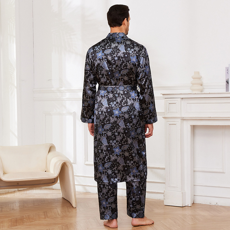 Men's Silk Pajamas Set Luxury Blue Floral Sleepwear 7 Men's Silk Pajamas Set Luxury Blue Floral Sleepwear - Image 7