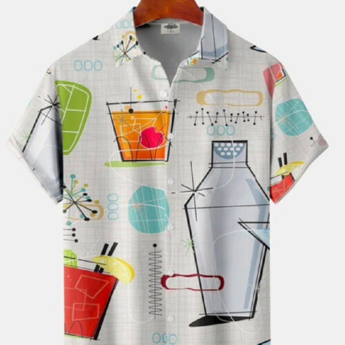 Mixed Color Stripe 3D Digital Printing Loose Short Sleeve Shirt Men's Top