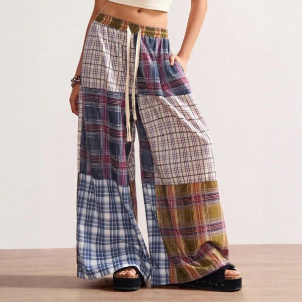 Summer Collection — Patchwork Wide Leg Pants Retro Plaid High Waist Trousers