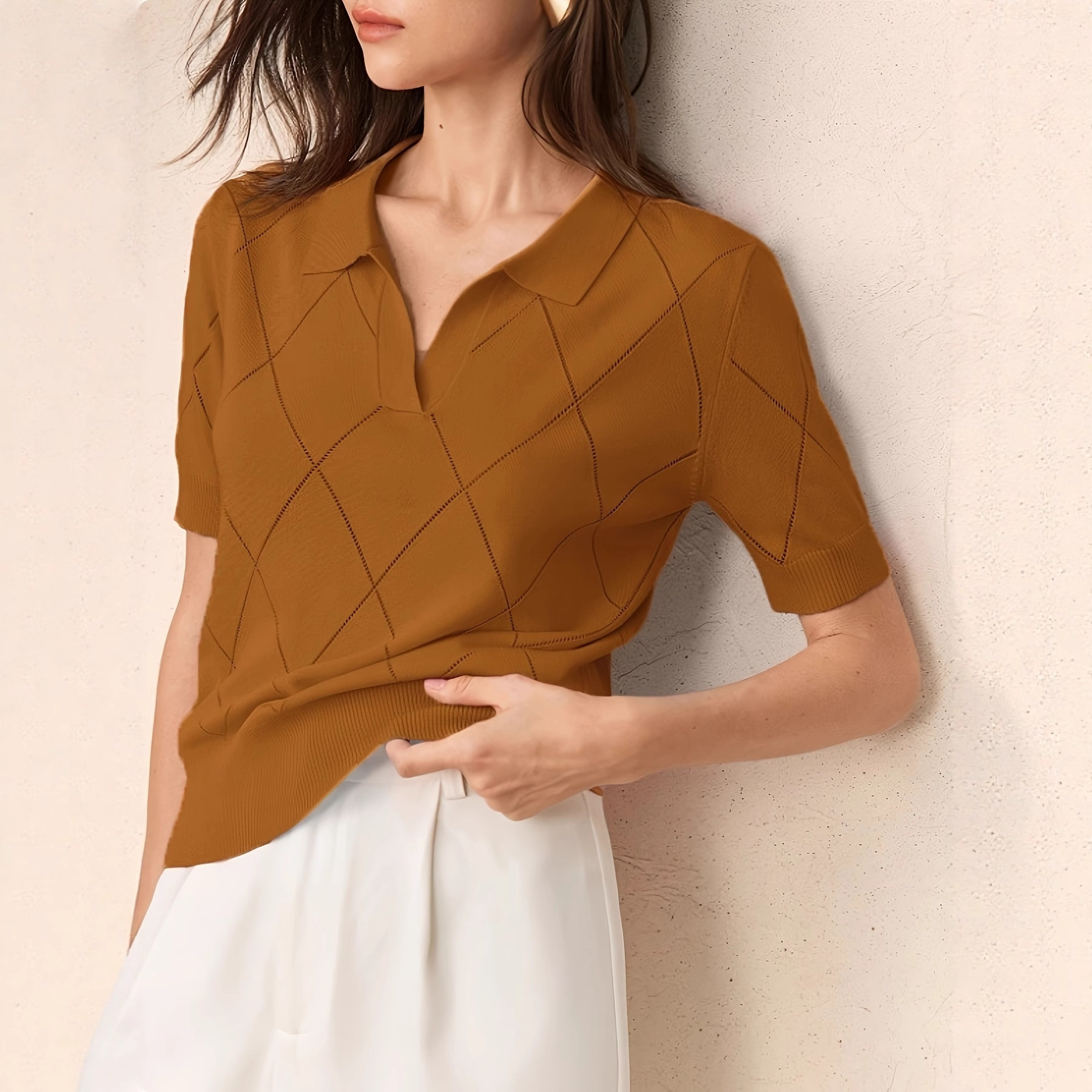 Women's Polo Shirt Diamond Knit Short Sleeve Pullover Top 6 Women's Polo Shirt Diamond Knit Short Sleeve Pullover Top - Image 6