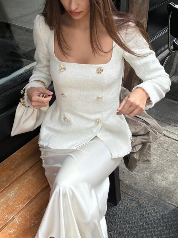 The Resort Edit — Square Neck Blazer White Tweed Waisted Suit Jacket