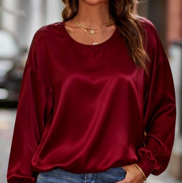 Summer Collection — Satin Long Sleeve Blouse Silk Round Neck Loose Fit Shirt