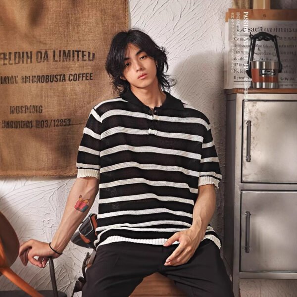 Men's Edit — Short-Sleeved Striped Top Knitted Lapel Loose Sweater