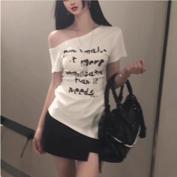 Summer Collection — Off-Shoulder T-Shirt Women Asymmetrical White Letter Tee